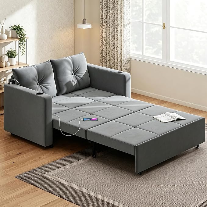 Krcix 3 in 1 Pull Out Couch, 56 Inch Velvet Sofa Bed, Convertible Sleeper Sofa by Krcix