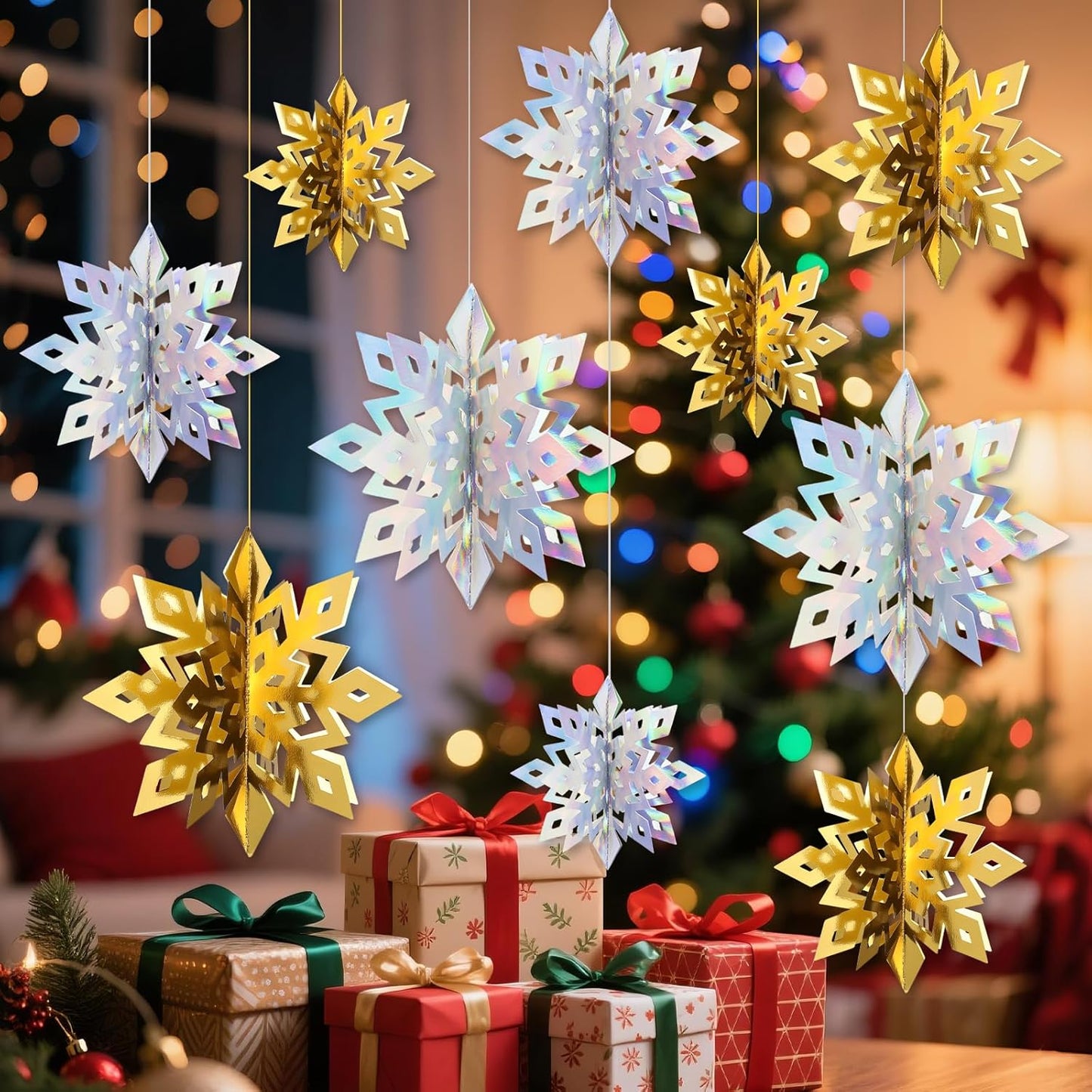 Benbilry 3D Hanging Snowflake Decorations for Christmas Tree, 36pcs 3 Size Winter Wonderland Decorations for Frozen Birthday Party, Christmas Home Decor - 18pcs Iridescent and 18pcs Gold Color