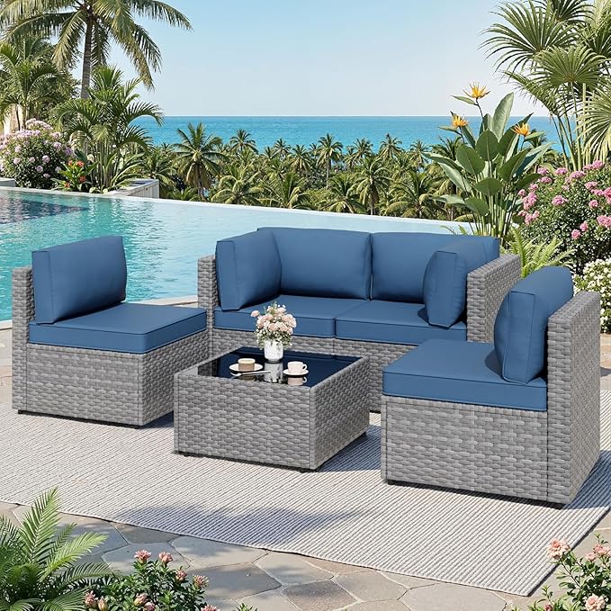 JAMFLY 5-Piece Patio Furniture Set, All-Weather Wicker Outdoor Sectional Sofa - Image 7