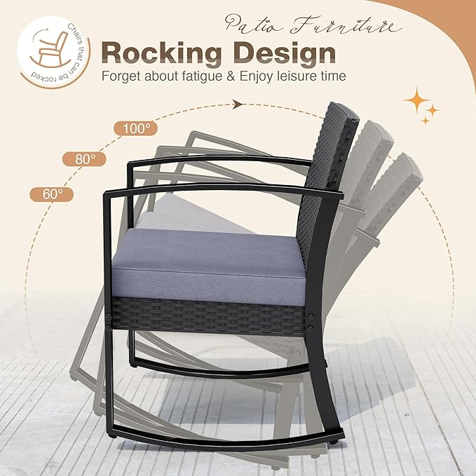 Greesum 3 Pieces Outdoor Furniture Set Patio Bistro Rocking Chairs - Image 2
