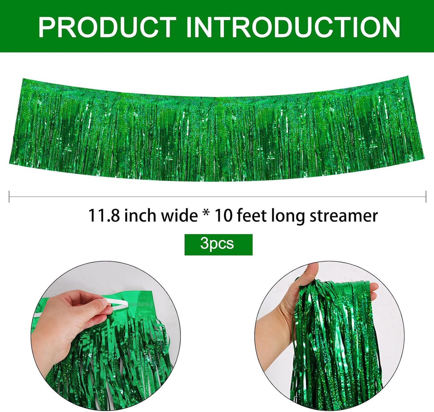 BEISHIDA 3 Packs Metallic Foil Fringe Garland Laser Green Wall Hanging Tinsel Fringe Banners for Car Floats Bridal Shower Wedding Birthday Easter Graduation Holiday Party Decoration(30 Feet)
