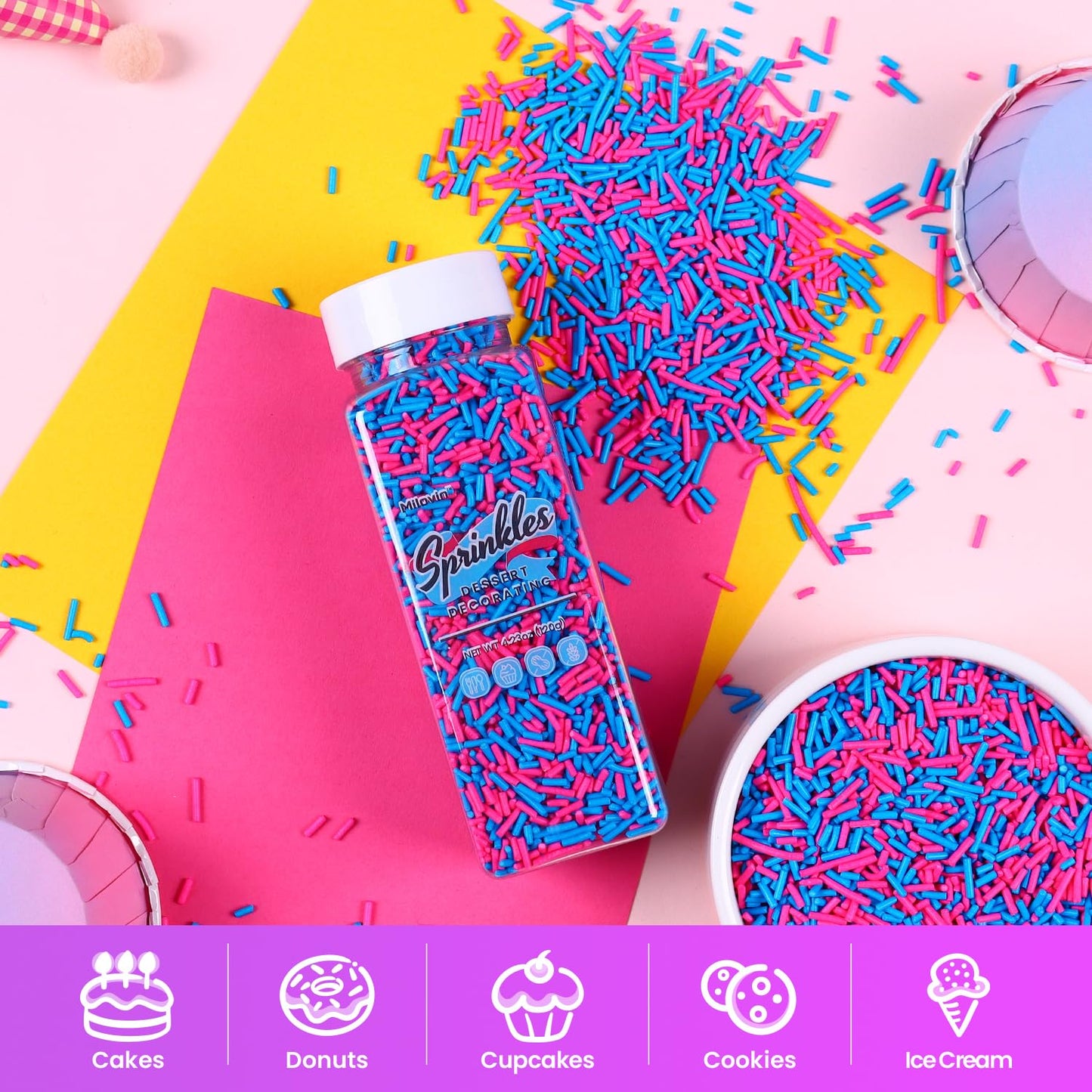 Edible Pink and Blue Sprinkles, Jimmy Sprinkles, Pink Jimmies Sprinkles, Blue Jimmies Sprinkles, Gender Reveal Sprinkles Candy for Cake, Cupcakes, Cookies, Macaron, and Ice Cream Topping(120g/4.23oz)
