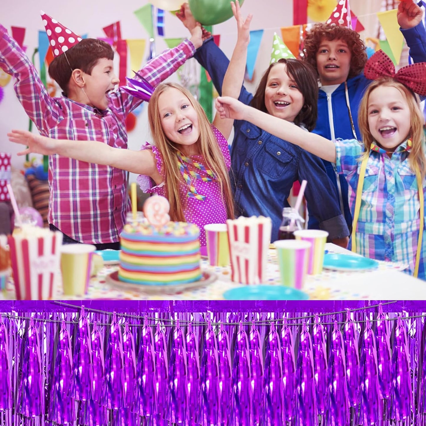 8P Purple Foil Fringe Metallic Tassel Streamers Banner Tassel Garland for Parade Floats, Bachelorette, Wedding, Birthday, Halloween, Christmas, Bridal/Baby Shower Party Decorations