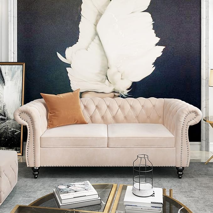 ORRD 2 Piece Living Room Set, Velvet Chesterfield Sofa Loveseat Couch Chair - Image 4