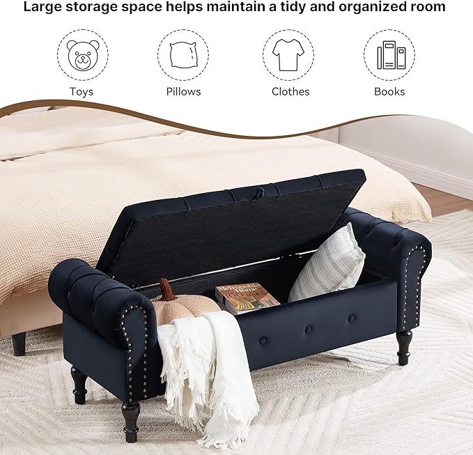 Storage Bench for Bedroom, Velvet 51" End of Bed Bench, Queen Size Bench - Image 4