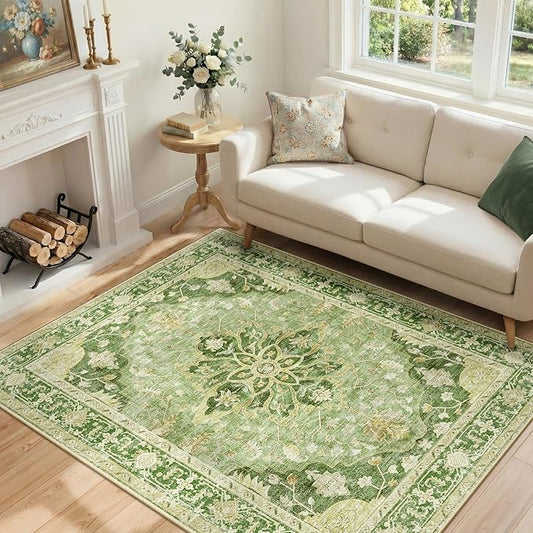 RELEANY Area Rugs 4'x5' Washable Non-Slip, Floral Vintage Distress Print by RELEANY