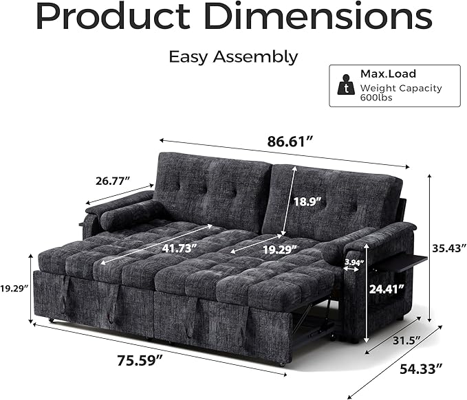 Convertible Sleeper Sofa Bed, 86 Inch Chenille Pull Out Couch - Image 2