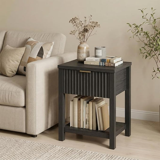 Fluted Night Stand with Golden Handle, Mid-Century Nightstands with Drawer by TROJMHome