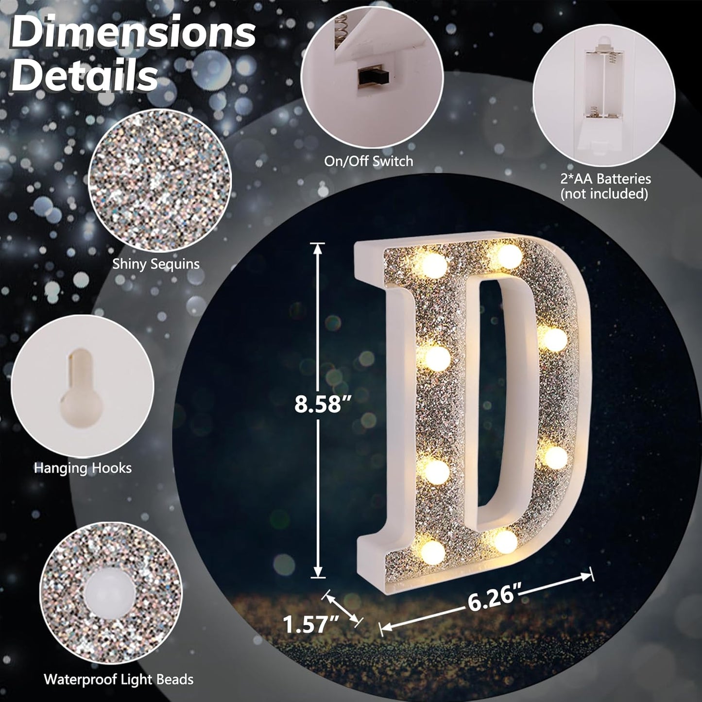 Marquee Light Up Letters, Glitter Silver LED Letter Lights Battery Powered Alphabet Letter Sign for Night Light Wedding Birthday Party Cafe Bar Decoration Girls Room Decor - D