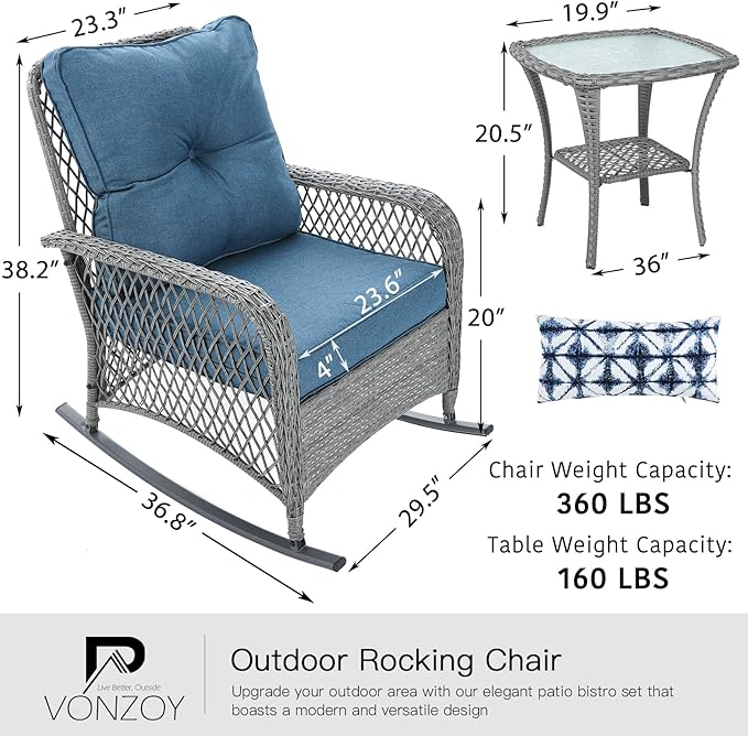 Patio Furniture Set 3 Pieces, Wicker Rocking Bistro Set - Image 7