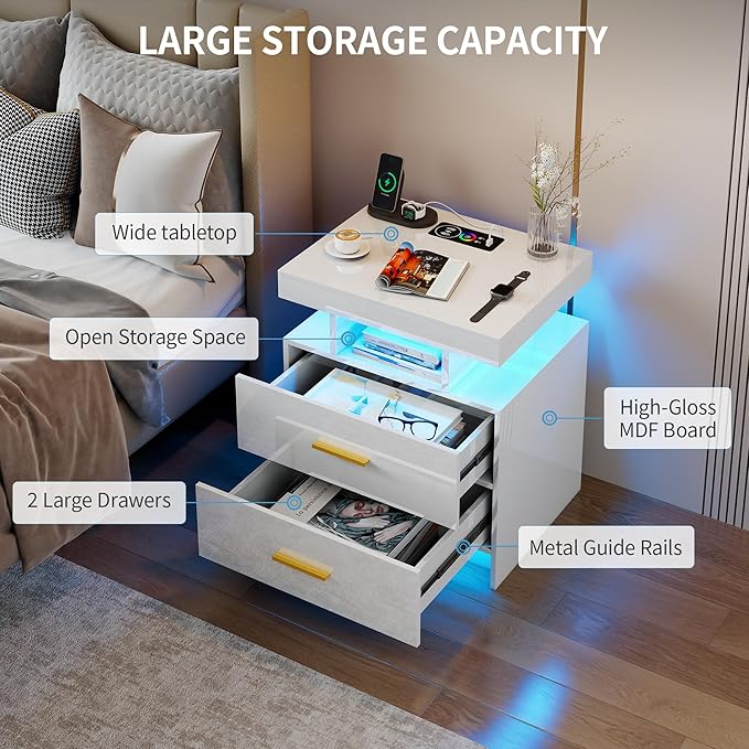 Smart Night Stand with Charging Station, Modern White Nightstand with 24 Color - Image 5