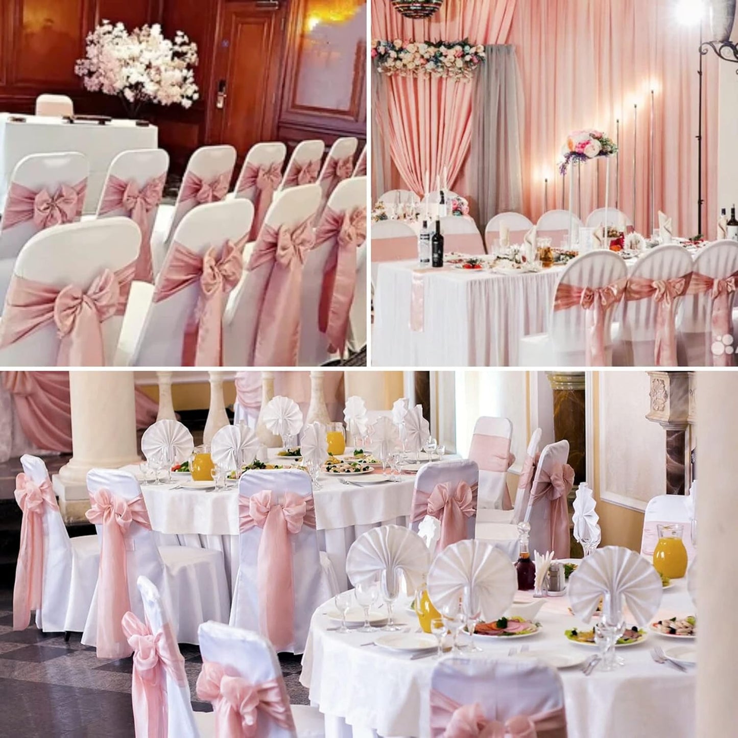 100 PCS Satin Chair Sashes Decorative Bow Chair Ribbon Bows Chairs Cover Band Back Sashes Ties for Wedding Party Ceremony Reception Events Banquet Restaurant Home Kitchen Decor(7 x108 inch,Rose Gold)