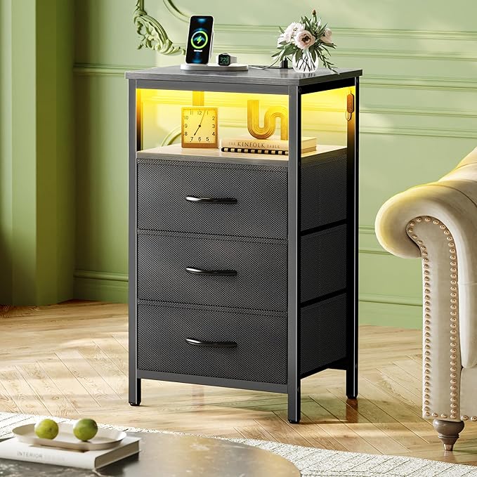 Huuger Night Stand with Charger Station and LED Lights, 3 Drawer Nightstand - Image 2