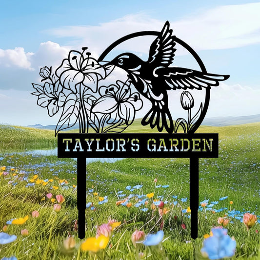 Personalized Garden Signs for Outside, Custom Metal Hummingbird Flowers Garden Decor with Stake, Custom Name Signs Outdoor Yard Patio Backyard Metal Decor Home Gifts