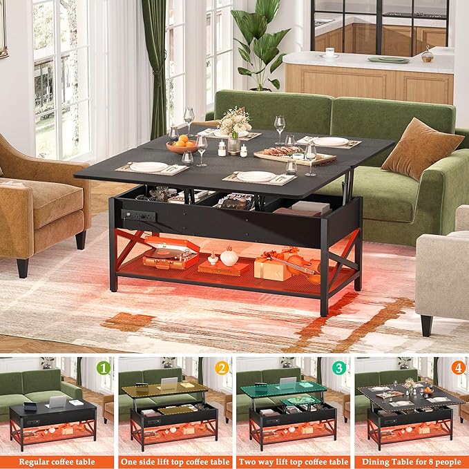 Aheaplus Coffee Table Lift Top Multi-Function Coffee Table Converts to Dining - Image 5