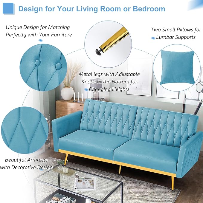 70” Velvet Futon Sofa Bed with 2 Pillows and Adjustable Armrests, Convertible - Image 4