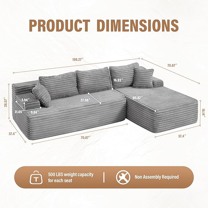Hobestluk Modular Sectional Sofa Couches L-Shape Couch 3 Seat Modular Sofa - Image 2