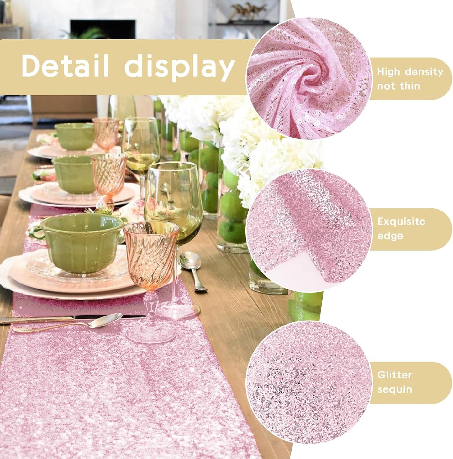 2 Packs 12 x 72 inches Sequin Table Runner, Pink Glitter Table Runner for Birthday Party Supplies Wedding Engagement Baby Shower Holiday Celebration Event Decorations