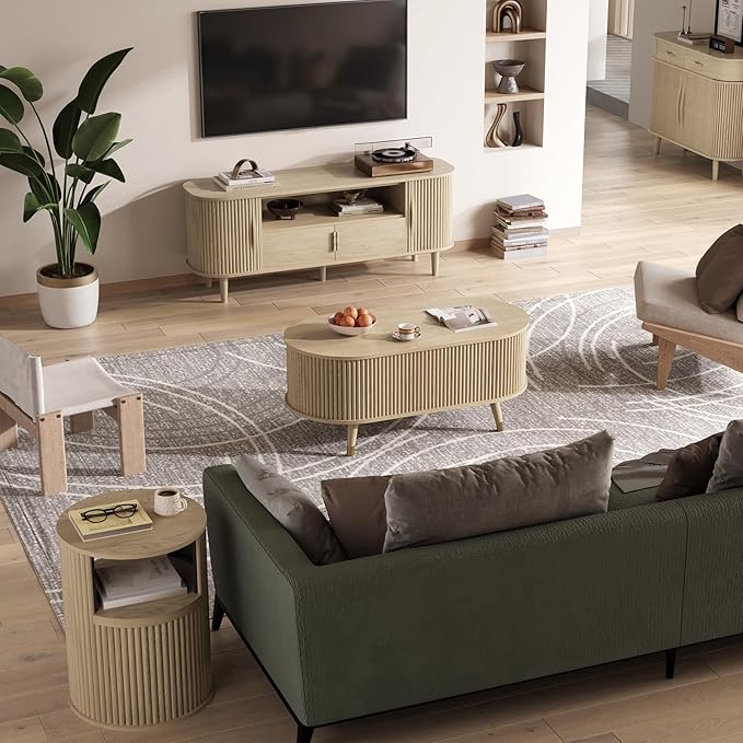 SULIVES Oval Coffee Table with Storage, Small Fluted Center Table - Image 8