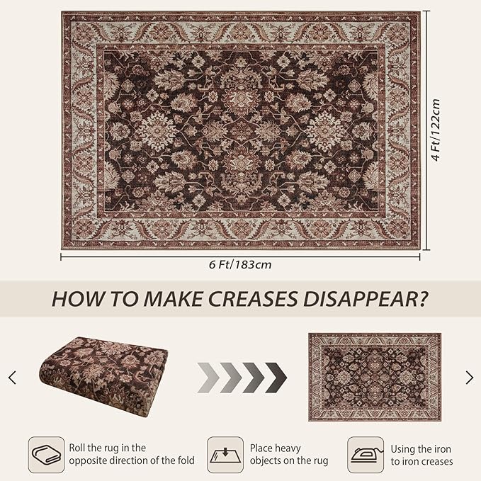 Area Rugs for Living Room, 4x6 Washable Rugs for Bedroom, Non-Slip Retro Floral - Image 2