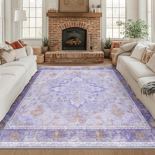 RELEANY Area Rugs Square 8ft Washable Non-Slip, Floral Vintage Distress Print by RELEANY