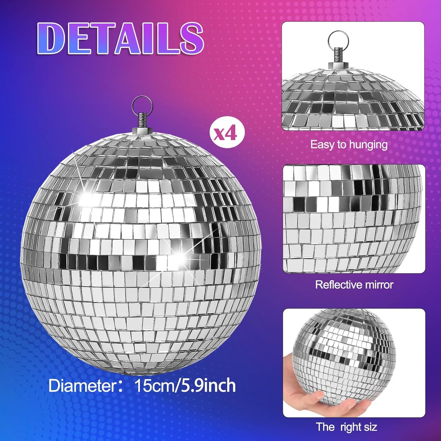 4 Pack Large Disco Ball Silver Hanging Disco Balls Reflective Mirror Ball Ornament for Party Holiday Wedding Dance and Music Festivals Decor Club Stage Props DJ Decoration (6 Inch)