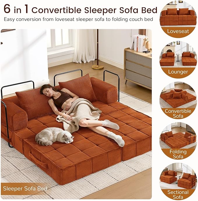 Korser Folding Convertible Sofa Bed, Corduroy Upholstered Boneless Couch - Image 3