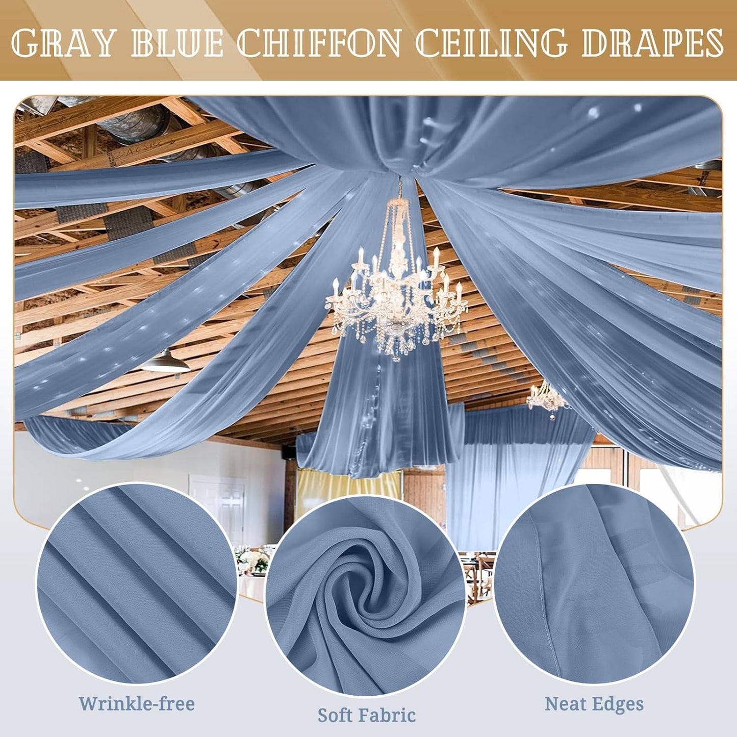 6 Panels Dusty Blue Ceiling Drapes for Wedding 5ftx20ft Chiffon Fabric Arch Draping Curtains Sheer Drapery for Party Ceremony Birthday Baby Shower Reception Stage Swag Ceiling Decorations