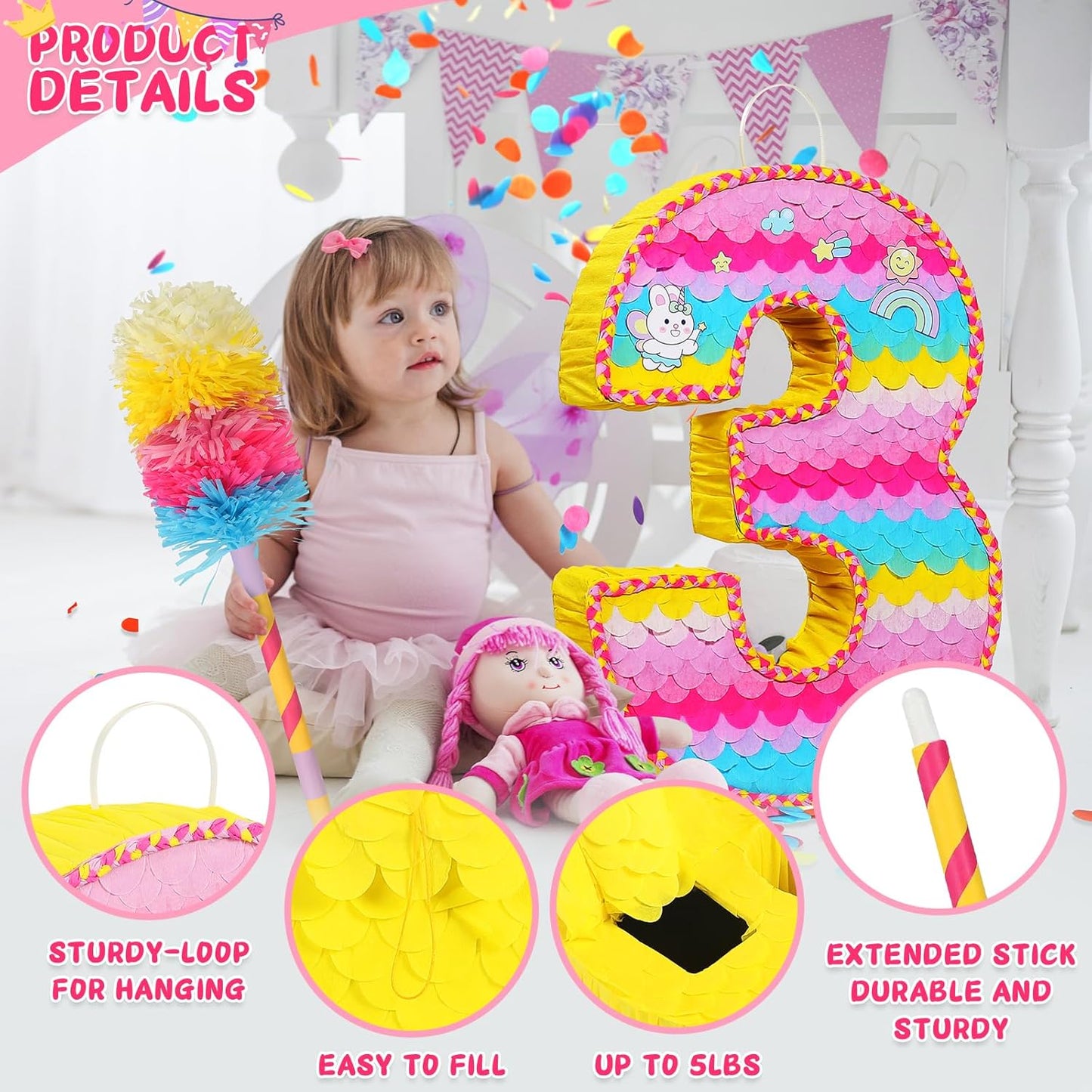 Number 3 Pinata for Birthday Party Decorations, Unicorn Mermaid Theme Pink Piñata Games Toy (3th)