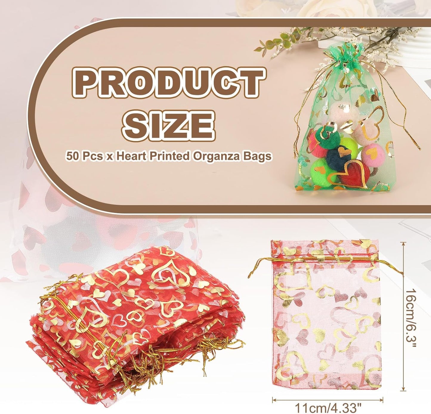 PATIKIL 50 Pcs 4x6 Inch Heart Printed Organza Bags, Red Sheer Heart Organza Bags with Drawstring for Christmas Candy Jewelry Party Wedding Favor Gift