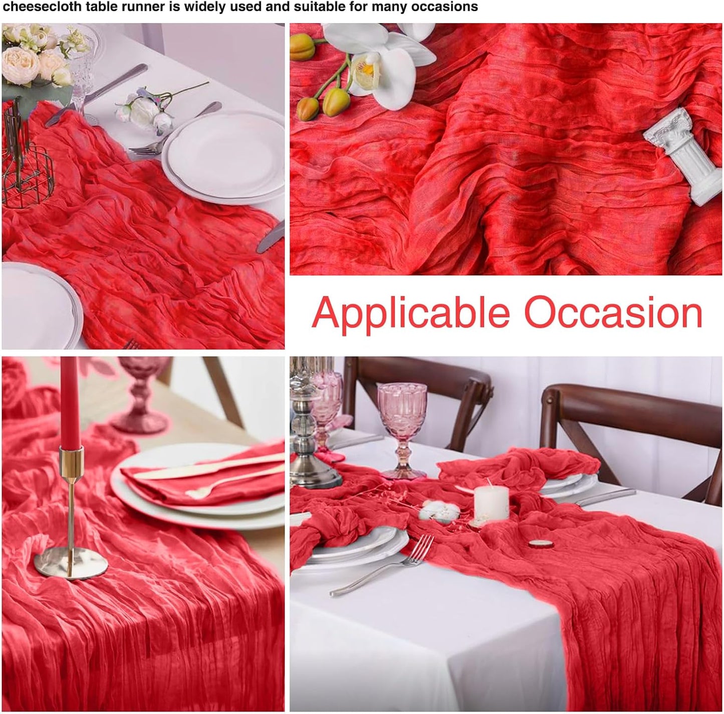 6 Pack 10ft Red Cheesecloth Table Runner 21x120 Inch Boho Wrinkled Sheer Romantic Gauze Decor for Wedding, Bridal Shower, Birthday Party
