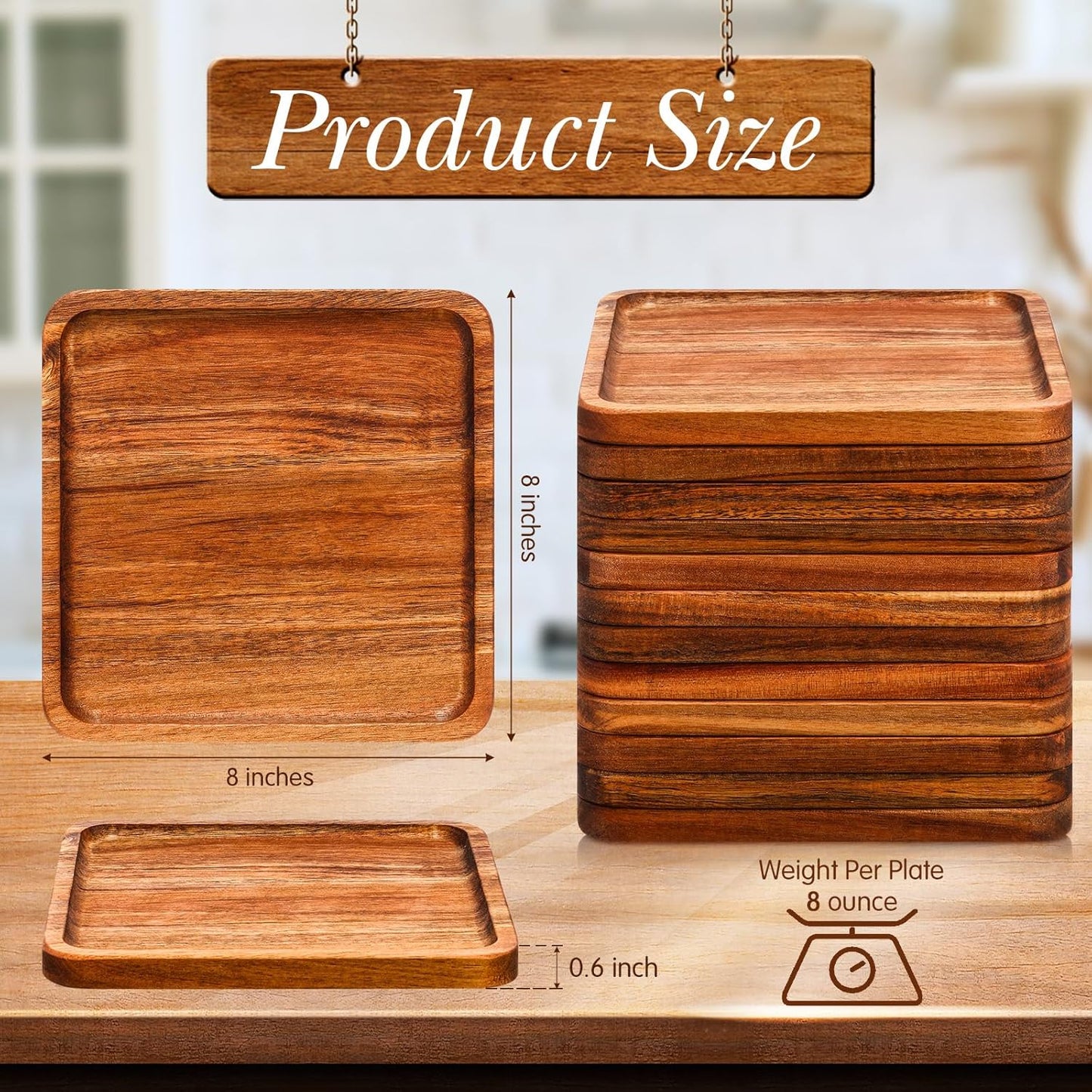 Roshtia 12 Pcs Wooden Plates Square Acacia Wood Charcuterie Board Wedding Dinner Serving Tray Charger Appetizer Kitchen Platter Cheese Steak Tableware Gift for Snack Dessert Salad Fruit (8 Inch)