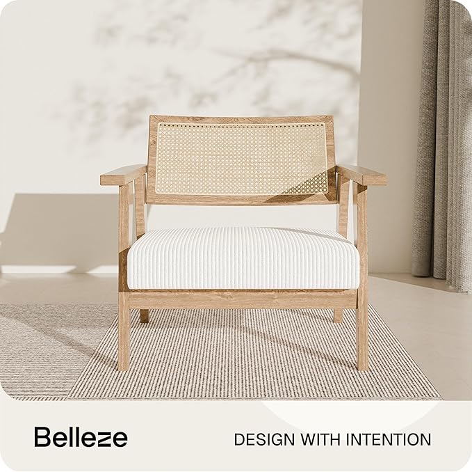BELLEZE Mid Century Modern Rattan Chair Accent Natural Wood Armchair - Image 3