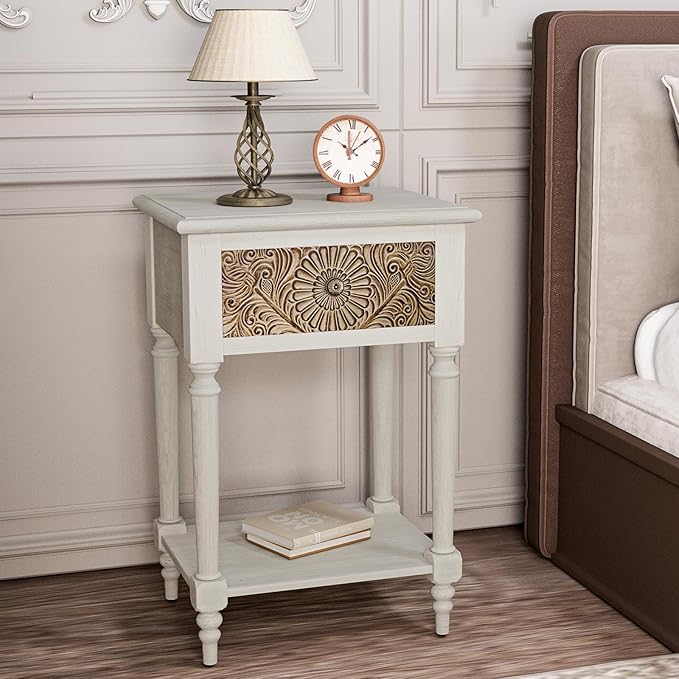 HOMPUS End Table Set of 2 with Drawer and Shelf, Vintage Nightstand Set 2 w - Image 7