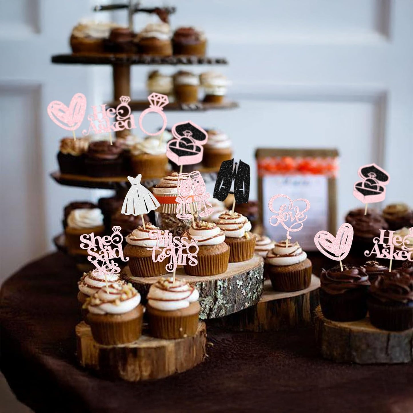 Gyufise 30Pcs She Said Yes Cupcake Toppers Glitter Diamond Ring I Do Love Cupcake Picks Miss to Mrs He Asked Bridal Shower Wedding Engagement Bachelorette Cake Decoration Light Pink