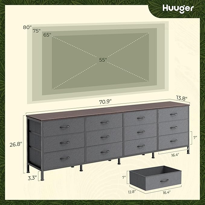 Huuger 70 Inch Dresser for Bedroom, TV Stand for 65, 80 Inch TV, 12 Drawer Long - Image 3