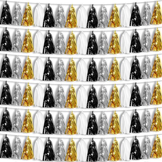 6P Black Gold Silver Foil Fringe Metallic Tassel Garland, Tassels Banner Streamers for Parade Floats, Bachelorette, Wedding, Birthday, Graduation, Christmas, Bridal/Baby Shower Party Decorations