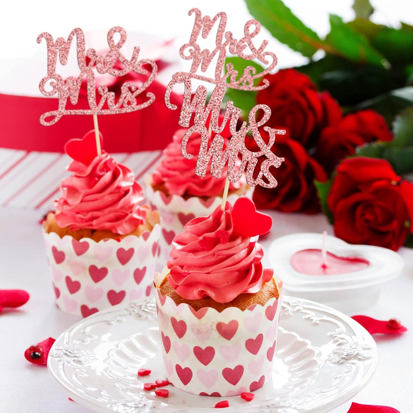 Gyufise Rose Gold Mr & Mrs Cupcake Toppers Love Cake Decorations for Wedding & Bridal Shower Party Supplies