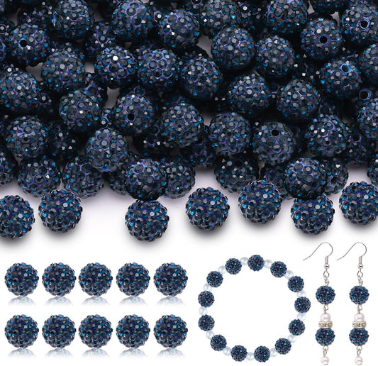 160pcs 10mm Rhinestone Beads for Jewelry Making, Blue Black Shiny Round Disco Ball Beads Bulk, Sparkle Crystal Clay Christmas for Bracelet Baseball Necklace Earring Crafting and DIY