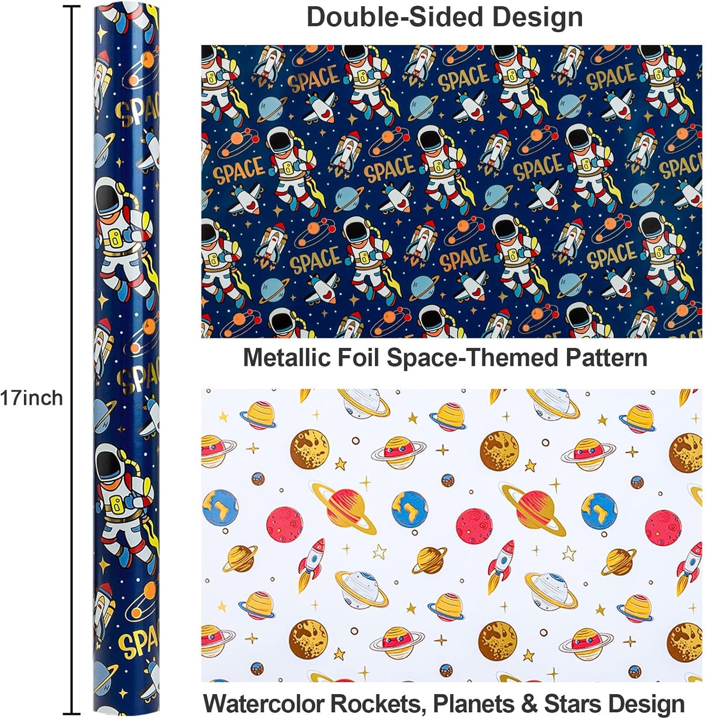 Yarcony Space Wrapping Paper Roll, Birthday Wrapping Paper for Boys, Navy Blue Astronaut Gift Wrap for Kids Birthday Outer Space Party Decor RocketShip Wrap Galaxy Planets Stars (30 Inch X 33 Feet)