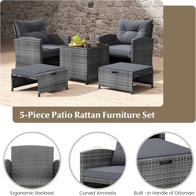 Tangkula 5 Pieces Patio Conversation Set, PE Wicker Rattan Outdoor Furniture Set - Image 8