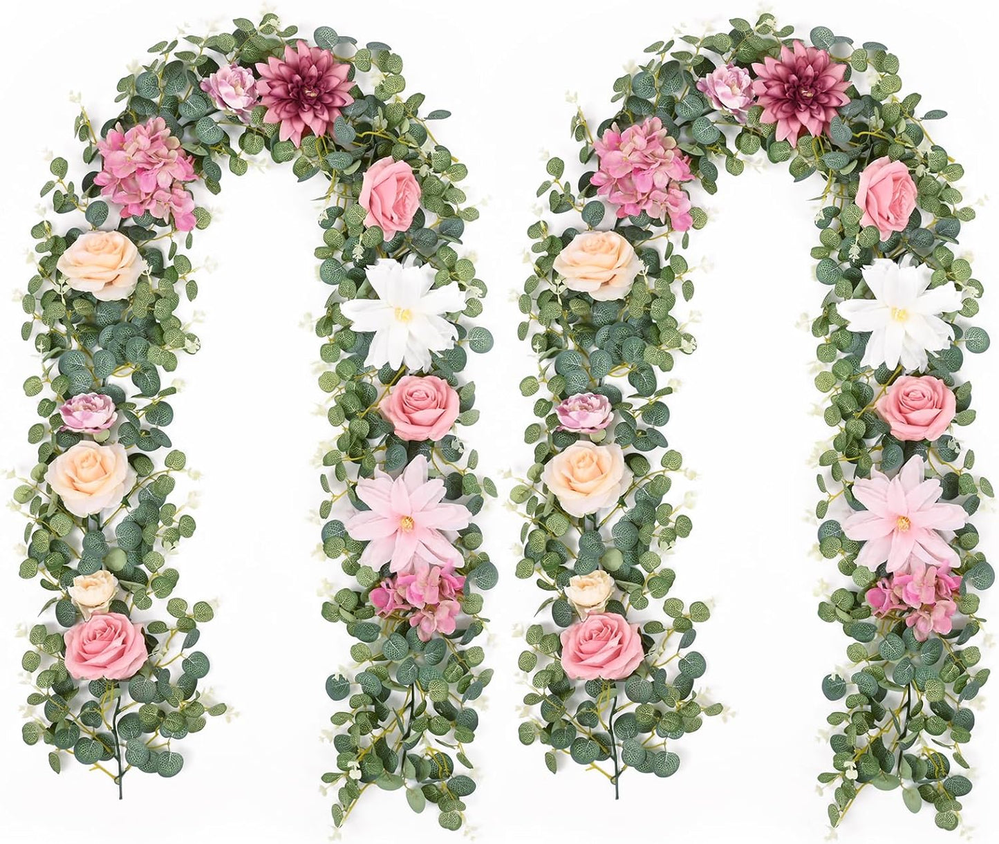 Waipfaru 2Pcs Artificial Flower Garland Decorations, 12.14Ft Eucalyptus Greenery Vines with Pink Roses for Wedding Table Runner Centerpieces Backdrop Room Decor (Pink)