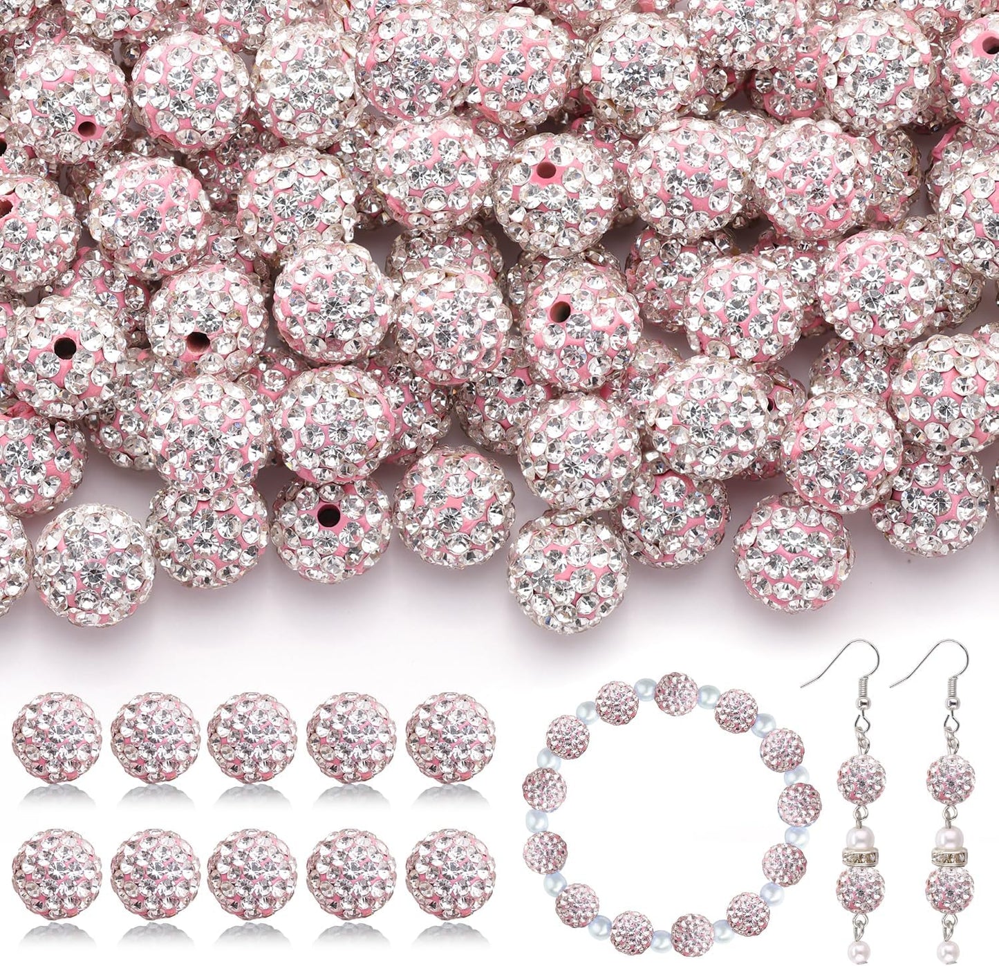 200pcs 10mm Rhinestone Beads for Jewelry Making, Pink White Shiny Round Disco Ball Beads Bulk, Sparkle Crystal Clay Christmas for Bracelet Baseball Necklace Earring Crafting and DIY