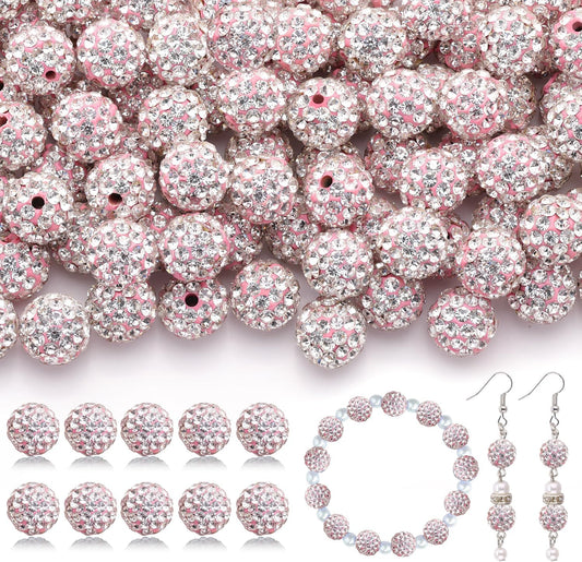 200pcs 10mm Rhinestone Beads for Jewelry Making, Pink White Shiny Round Disco Ball Beads Bulk, Sparkle Crystal Clay Christmas for Bracelet Baseball Necklace Earring Crafting and DIY