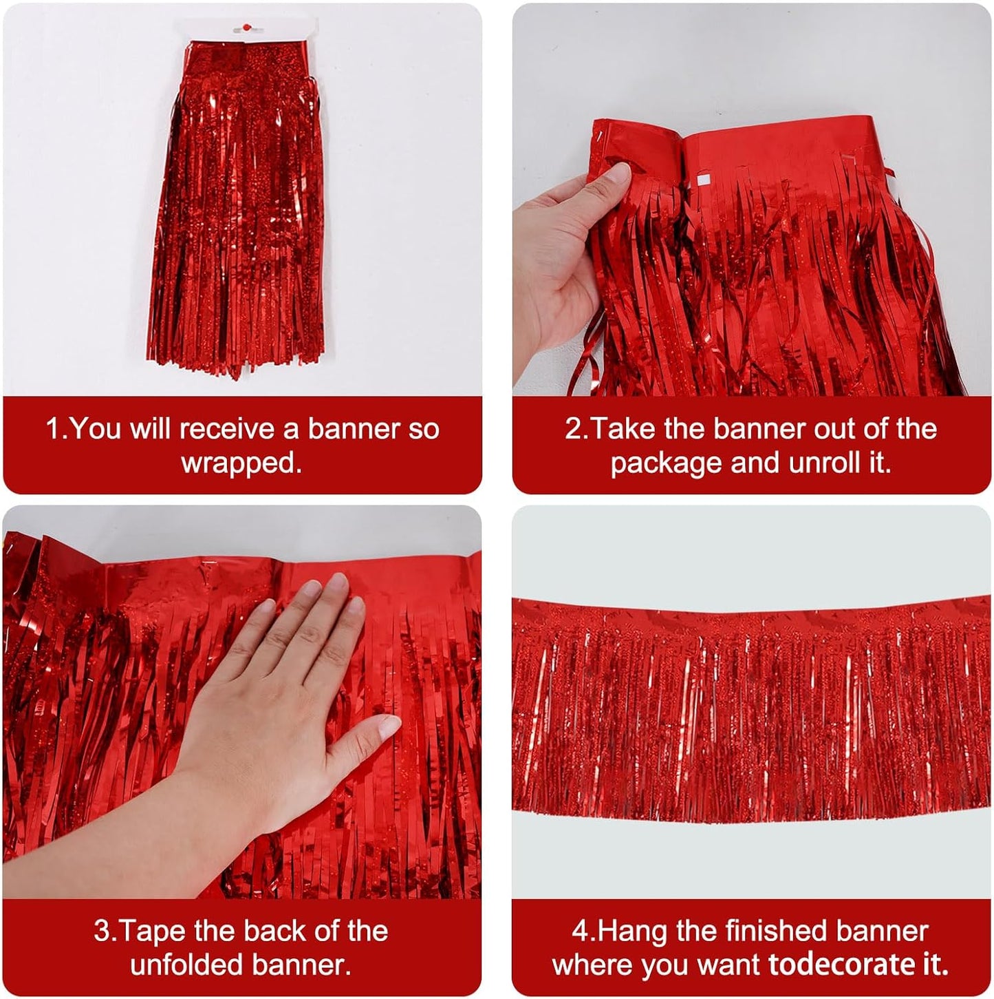 BEISHIDA 3 Packs Metallic Foil Fringe Garland Laser Red Wall Hanging Tinsel Fringe Banners for Car Floats Bridal Shower Wedding Birthday Easter Graduation Holiday Party Decoration(30 Feet)