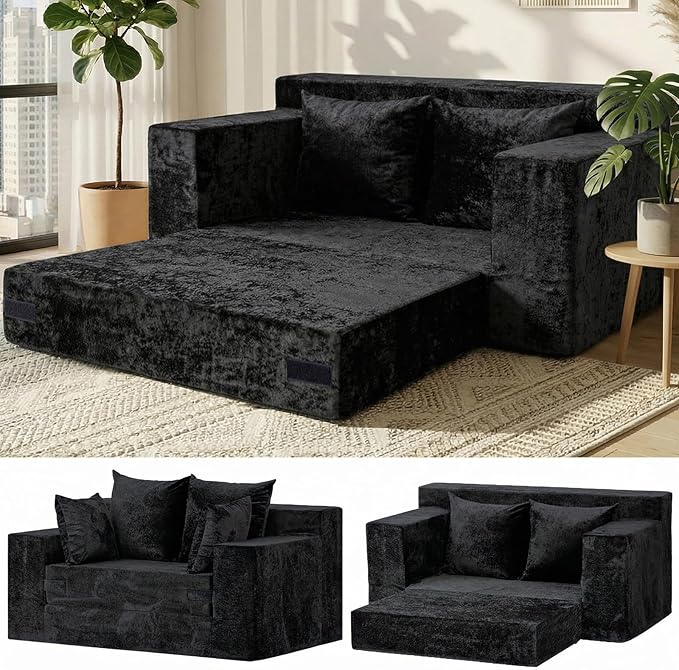 Loveseat Sofa Bed, Convertible Silky Velvet 5-in-1 Foldable Boneless Sleeper by AOLVDOW