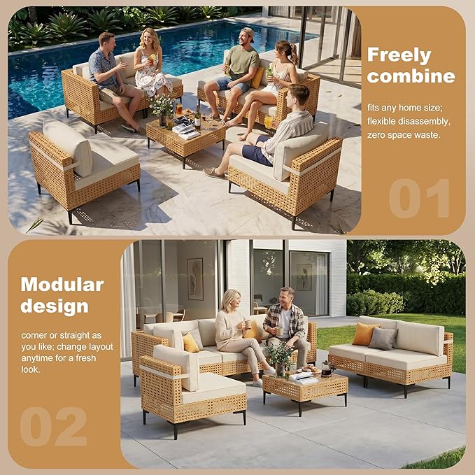 ABCASA 9-Piece Patio Sectional Furniture Set, Boho Patio Conversation Set - Image 4