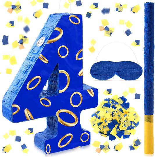 Number 4 Blue and Golden Rings Piñata for Kids Birthday Cartoon Theme Small Piñata with Blindfold Stick Confetti for Fiesta Cinco De Mayo Party Decor, 15.8 x 11 x 2.8 Inch