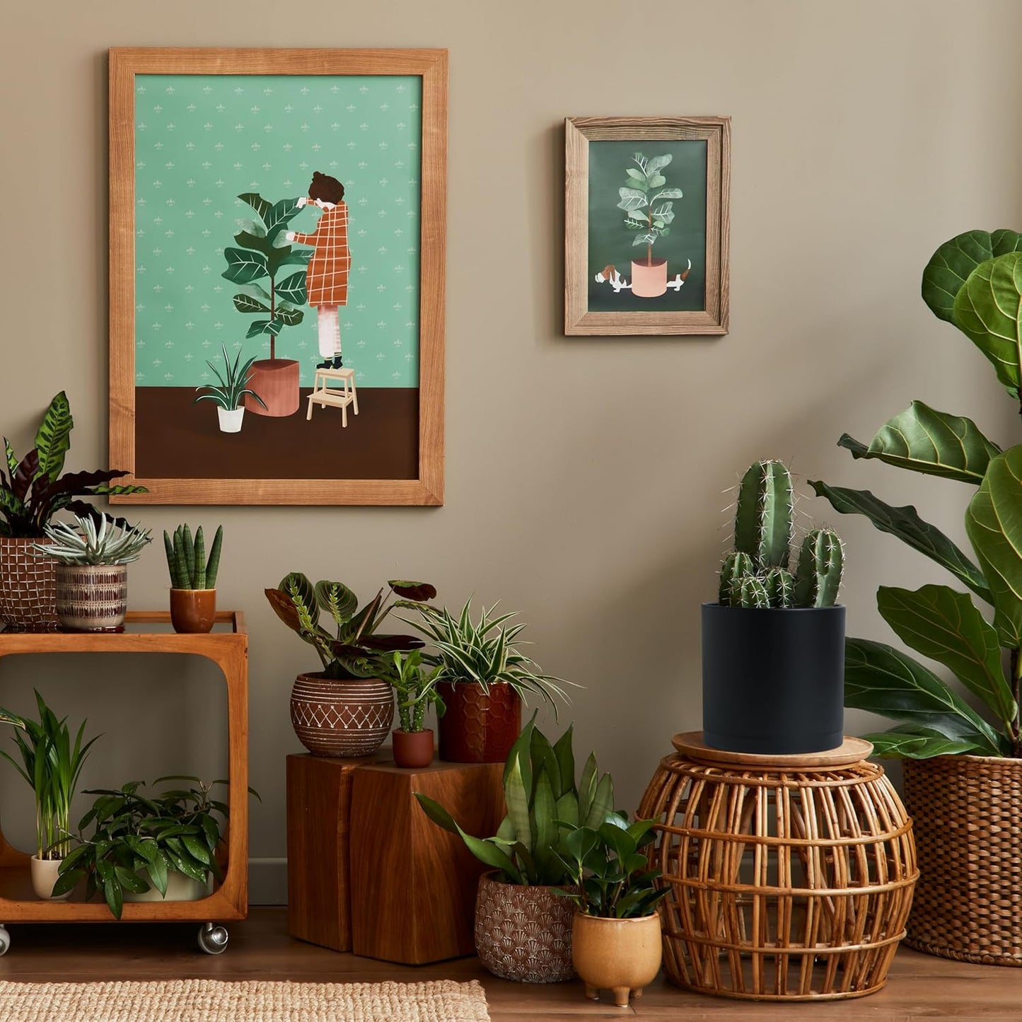 D'vine Dev 2 Pack 8 Inch Modern Plastic Plant Pots, Cylindrical Garden Planters for Plants with Drainage Holes and Saucers, Black, 74-Y-M-1