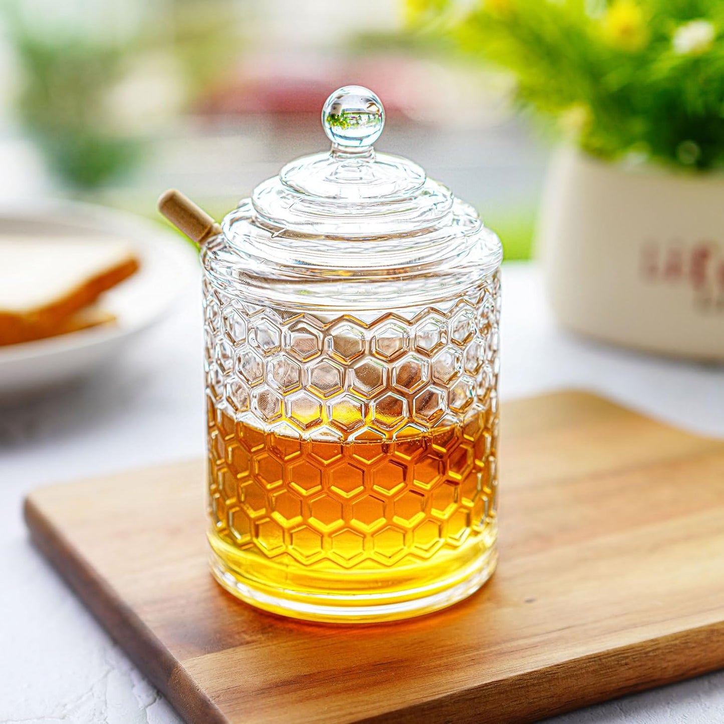 kanpura Clear Crystal Honey Pot with Dipper and Lid Glass Honey Jar with Dispenser Honey Holder and Syrup Container for Home Kitchen,9 oz